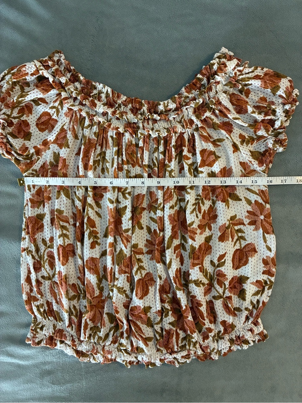 Off-Shoulder Floral Smocked Top in Rust Floral - Picture 7 of 8